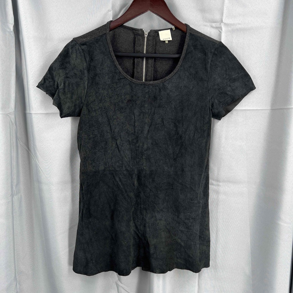 Ecru Top Black Suede Front Knit Back Scoop Neck Short Sleeve Shirt Womens Size 2